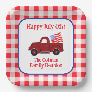 Handpainted Vintage Truck July 4th Flag Red Check Paper Plate