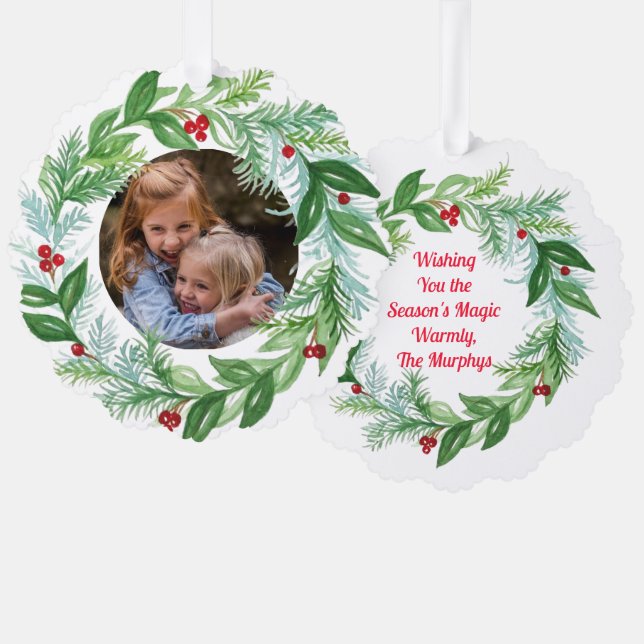 Handpainted Watercolor Christmas Holiday Wreath Ornament Card (Front/Back)