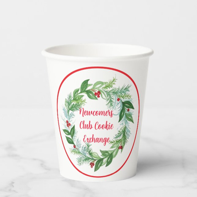 Handpainted Watercolor Christmas Holiday Wreath Paper Cups (Front)
