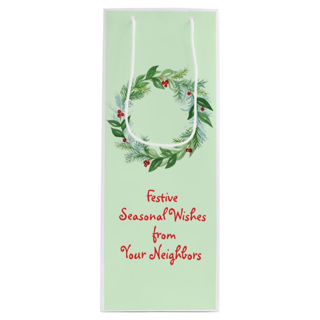Handpainted Watercolor Christmas Holiday Wreath Wine Gift Bag (Front)