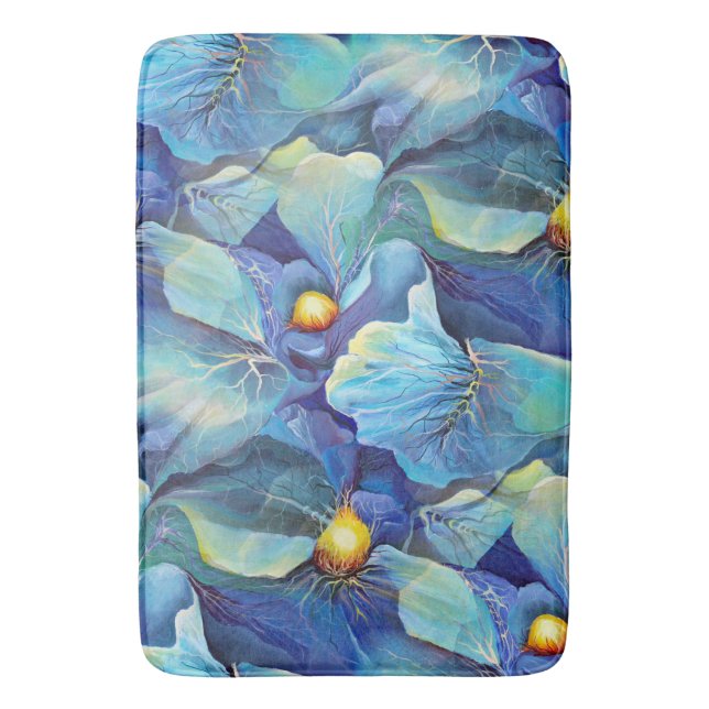 Handpainted Watercolor Floral Aqua and Blues Bath Mat (Front Vertical)