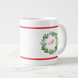Handpainted Watercolor Holiday Wreath NAME Initial Large Coffee Mug