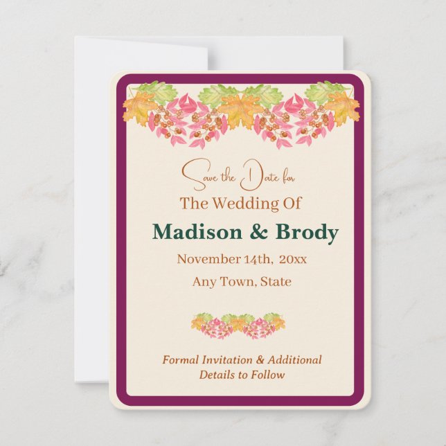 Handpainted Watercolor Leaves SAVE the DATE Photo (Front)