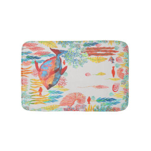Handpainted watercolor marine biology ocean fish bath mat