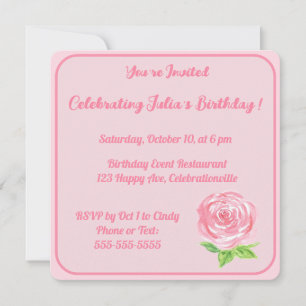 Handpainted Watercolor Rose HAPPY BIRTHDAY  Invitation