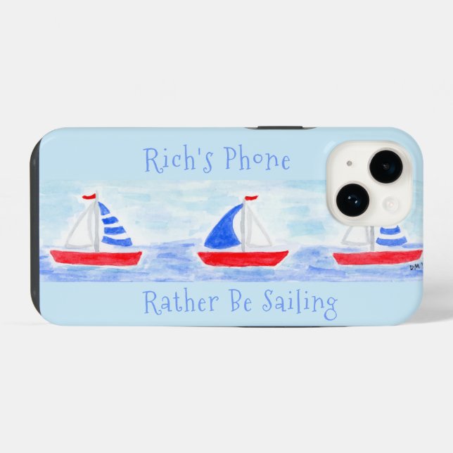 Handpainted Watercolor Sailboats Rather Be Sailing iPhone Case (Back Horizontal)