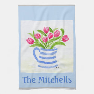 Handpainted Watercolor Tulips, Blue Stripe Pitcher Kitchen Towel
