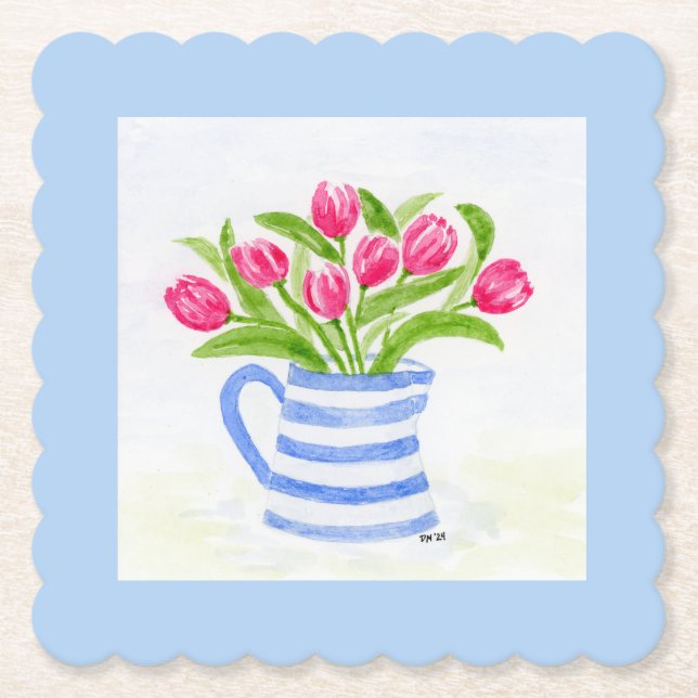 Handpainted Watercolor Tulips, Blue Stripe Pitcher Paper Coaster (Front)