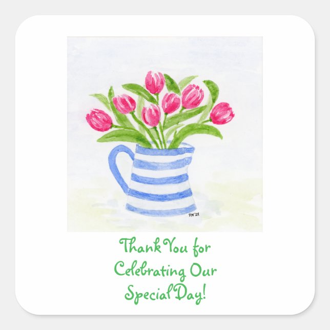 Handpainted Watercolor Tulips, Blue Stripe Pitcher Square Sticker (Front)