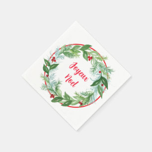 Handpainted Watercolor Xmas Holiday Wreath Noel Napkin