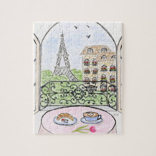 Handpainted Whimsical Paris and Eiffel Tower Jigsaw Puzzle