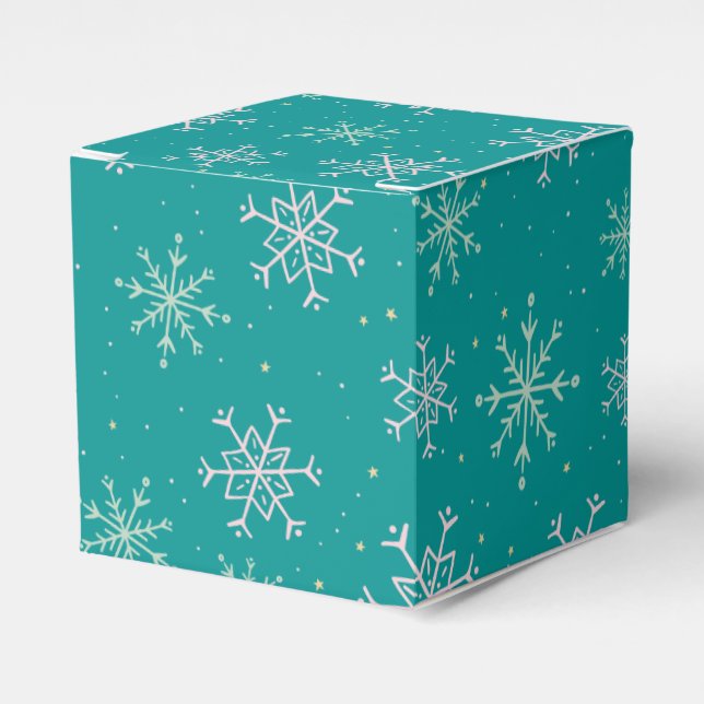 Handpainted White & Aqua Snowflakes on Teal Favor Box (Front Side)