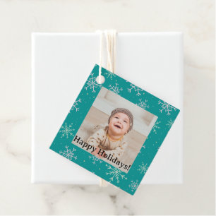 Handpainted White & Aqua Snowflakes on Teal Photo Favour Tags