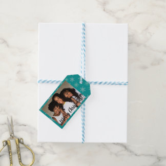 Handpainted White & Aqua Snowflakes on Teal Photo Gift Tags