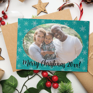 Handpainted White & Aqua Snowflakes on Teal Photo Tri-Fold Holiday Card