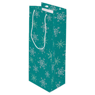 Handpainted White & Aqua Snowflakes on Teal Wine Gift Bag