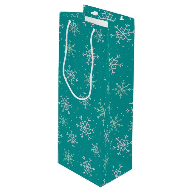 Handpainted White & Aqua Snowflakes on Teal Wine Gift Bag (Front Angled)