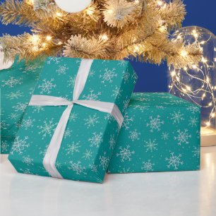 Handpainted White & Aqua Snowflakes on Teal Wrapping Paper