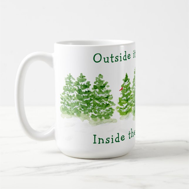 Handpainted Winter Trees Outside Snow Fires Glowin Coffee Mug (Left)