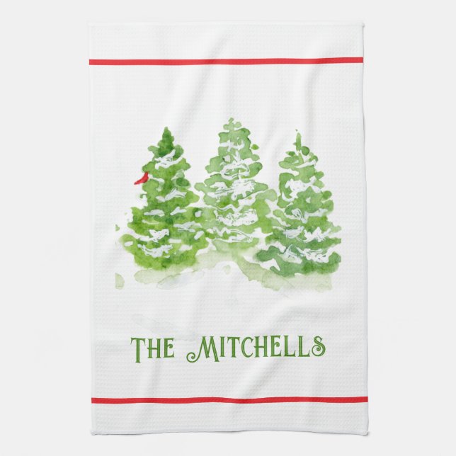 Handpainted Winter Trees PERSONALIZE NAME Kitchen Towel (Vertical)