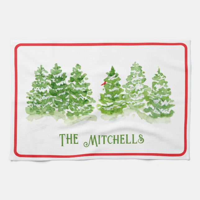 Handpainted Winter Trees PERSONALIZE NAME Kitchen Towel (Horizontal)