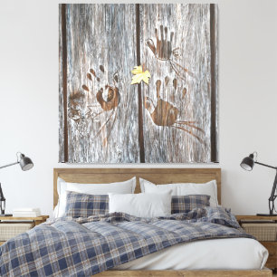 Handprints Birds on Wooden Boards with Autumn Leaf Canvas Print