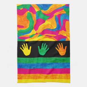 Handprints Colourful Finger Paint Textured Stripes Kitchen Towel