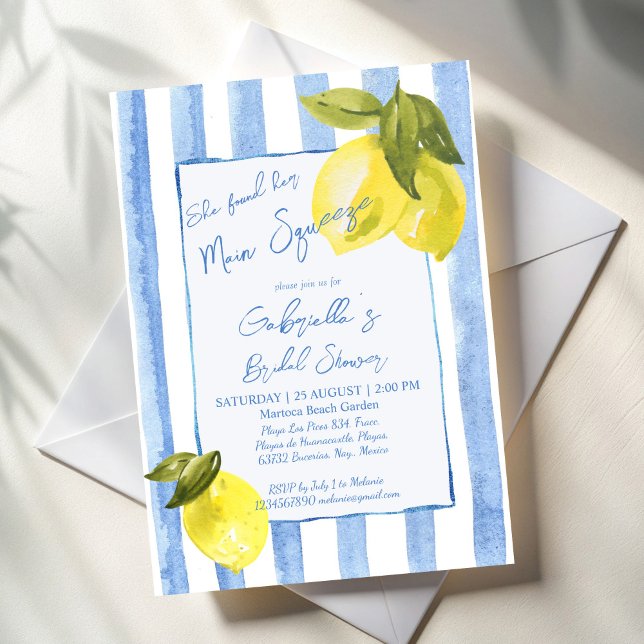 Handrawn blue stripes lemons bridal shower invitation (She found her main squeeze Handrawn blue stripes lemons Italian bridal shower invitation template)