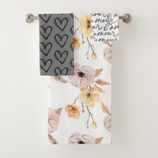 Handrawn Hearts, Saying and Quotes, Roses Pattern  Bath Towel Set