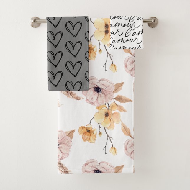 Handrawn Hearts, Saying and Quotes, Roses Pattern  Bath Towel Set (Insitu)