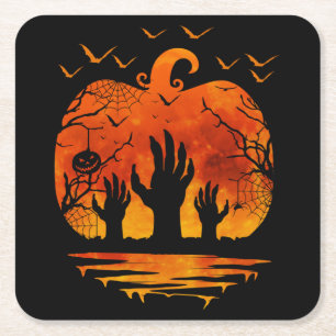 HANDS HALLOWEEN COSTUME PUMPKIN FALL SEASON SQUARE PAPER COASTER