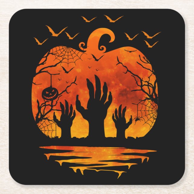 HANDS HALLOWEEN COSTUME PUMPKIN FALL SEASON SQUARE PAPER COASTER (Front)