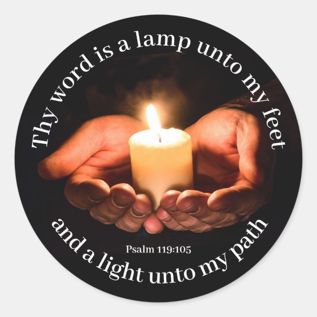 Hands Holding Lighted Candle with Bible message Classic Round Sticker (Front)