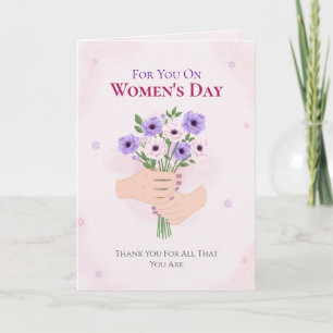 Hands Holding Watercolor Floral Bouquet Womens Day Holiday Card