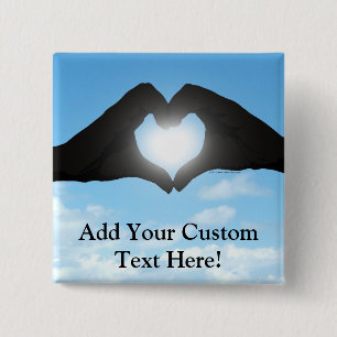 Hands in Heart Shape Silhouette on Blue Sky 2 Inch Square Button