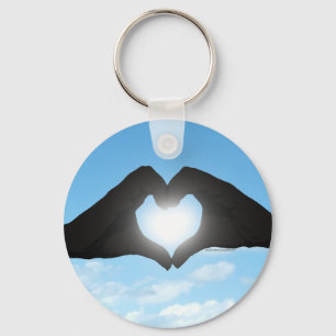 Hands in Heart Shape Silhouette on Blue Sky Keychain