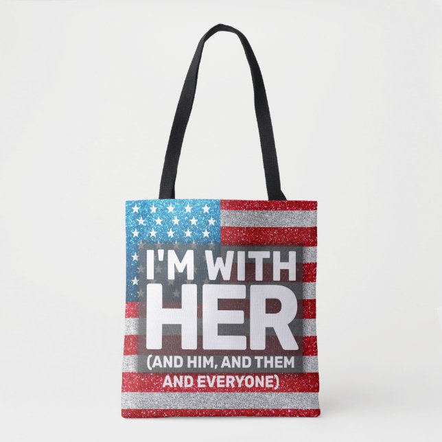 Hands Off I'm with Her LGBTQ American Flag Glitter Tote Bag (Front)