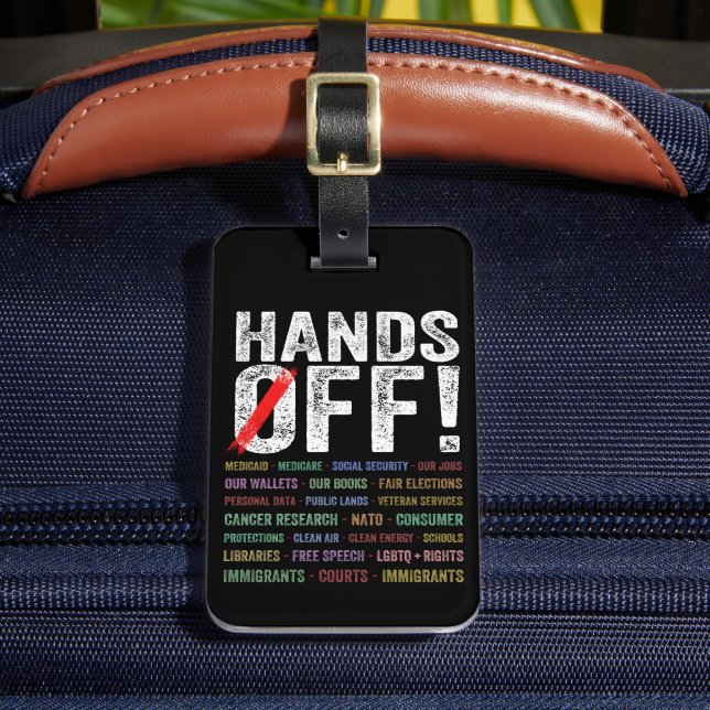 Hands Off Protest Luggage Tag (Front Insitu 2)