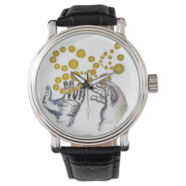Hands Outstretched with Golden Globes Artist Clock Watch (Front)