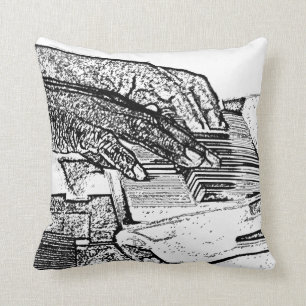 Hands playing piano bw sketch music design throw pillow
