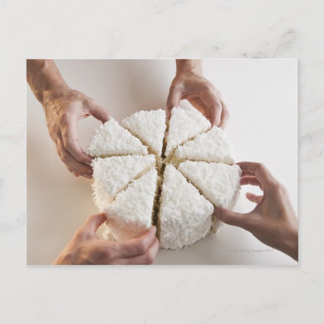Hands pulling slices from cake postcard (Front)