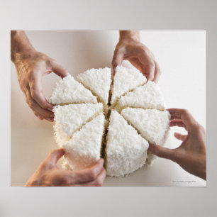 Hands pulling slices from cake poster
