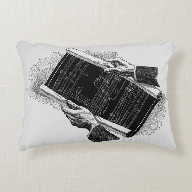 Hands w Architectural Blueprints, Vintage Business Accent Pillow (Front)
