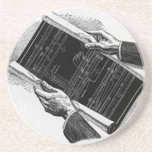 Hands w Architectural Blueprints, Vintage Business Coaster