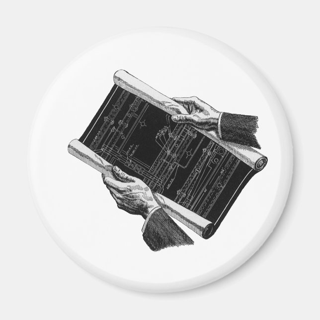 Hands w Architectural Blueprints, Vintage Business Magnet (Front)