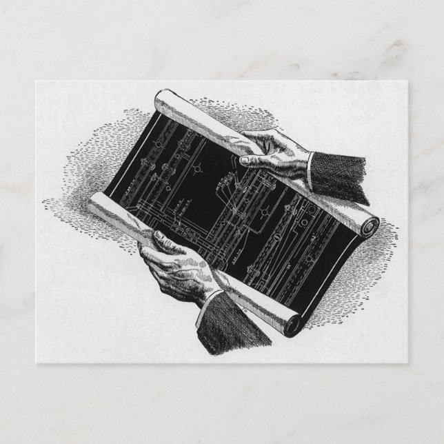 Hands w Architectural Blueprints, Vintage Business Postcard (Front)