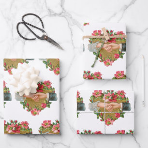 Hands w Flowers, Vintage Victorian Valentine's Day Wrapping Paper Sheet