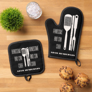 Handsome and Can Cook Custom Name Black Oven Mitt & Pot Holder Set