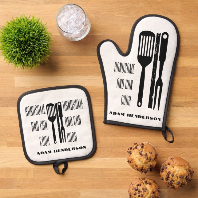 Handsome and Can Cook Custom Name Oven Mitt & Pot Holder Set (Top Down)