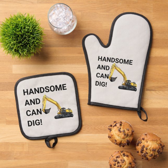 Handsome and Can Dig Excavator Construction Funny Oven Mitt & Pot Holder Set (Top Down)